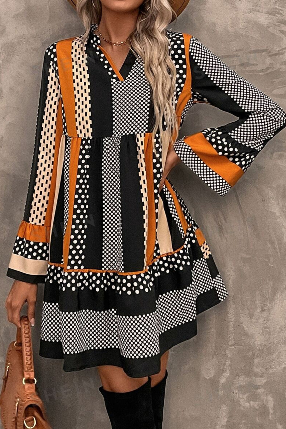 Black Striped Polka Dot Print Ruffled Hem V Neck Mini Dress Mini Dresses JT's Designer Fashion