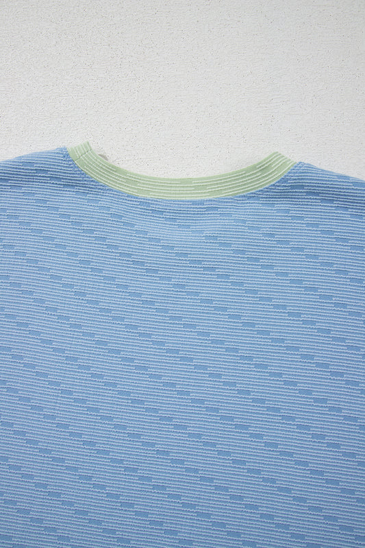 Beau Blue Corded Knit Contrast Trim Round Neck Cap Sleeve 2pcs Short Set Short Sets JT's Designer Fashion