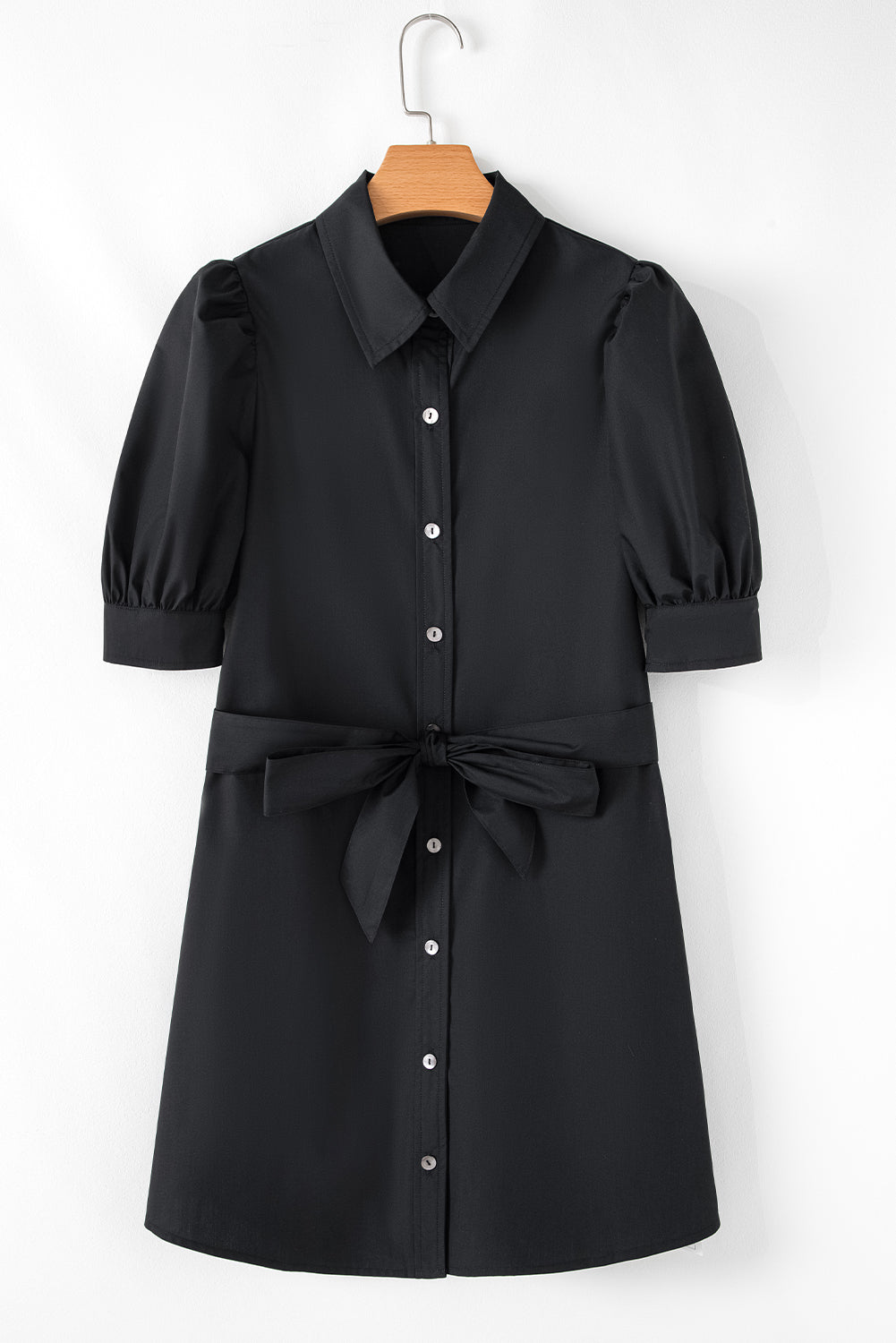 Black Button Up Tie Waist Puff Sleeve Mini Dress Mini Dresses JT's Designer Fashion