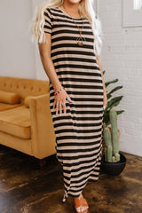 Black Stripe Casual Round Neck T-shirt Maxi Dress with Pockets T Shirt Dresses JT's Designer Fashion