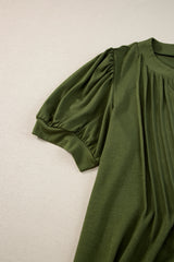 Fern Green Notched Neck Pleated Puff Sleeve Shift T-shirt Dress T Shirt Dresses JT's Designer Fashion