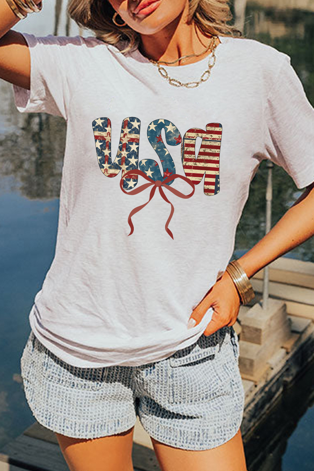 White usa Bow Letter Graphic Independence Day Fashion Tee Graphic Tees JT's Designer Fashion