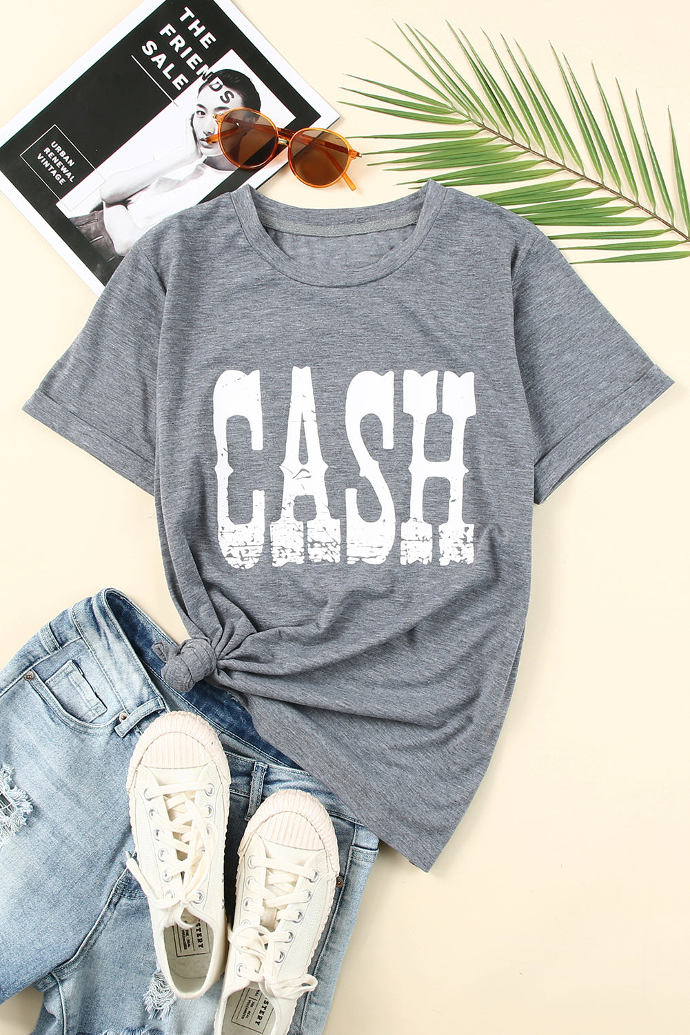 Gray CASH Letter Print T Shirt Graphic Tees JT's Designer Fashion