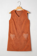 Gold Flame Corduroy Western Embroidered Patched Pocket Shift Sleeveless Mini Dress Mini Dresses JT's Designer Fashion