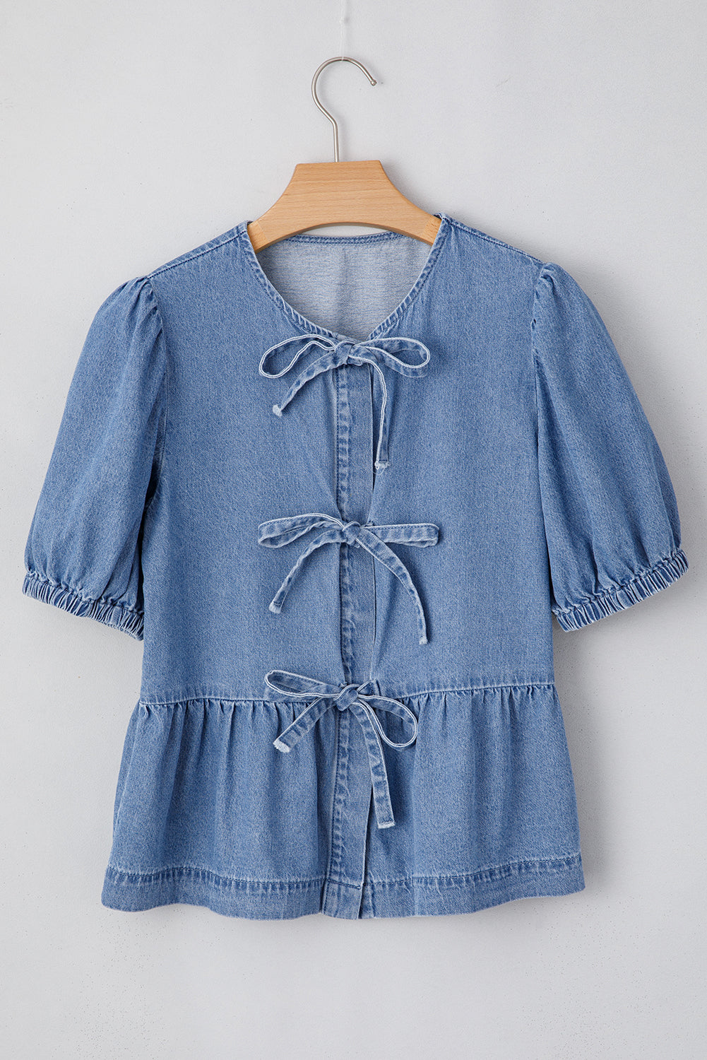 Dusk Blue Tied Front Bubble Sleeve Peplum Denim Shirt Blouses & Shirts JT's Designer Fashion