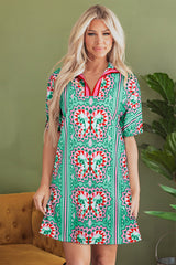 Mint Green Geometric Butterfly Print Split Neck Short Sleeve Dress Mini Dresses JT's Designer Fashion
