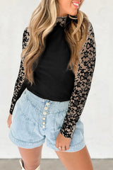 Black Floral Lace Patchwork Long Sleeve High Neck Slim Top Long Sleeve Tops JT's Designer Fashion