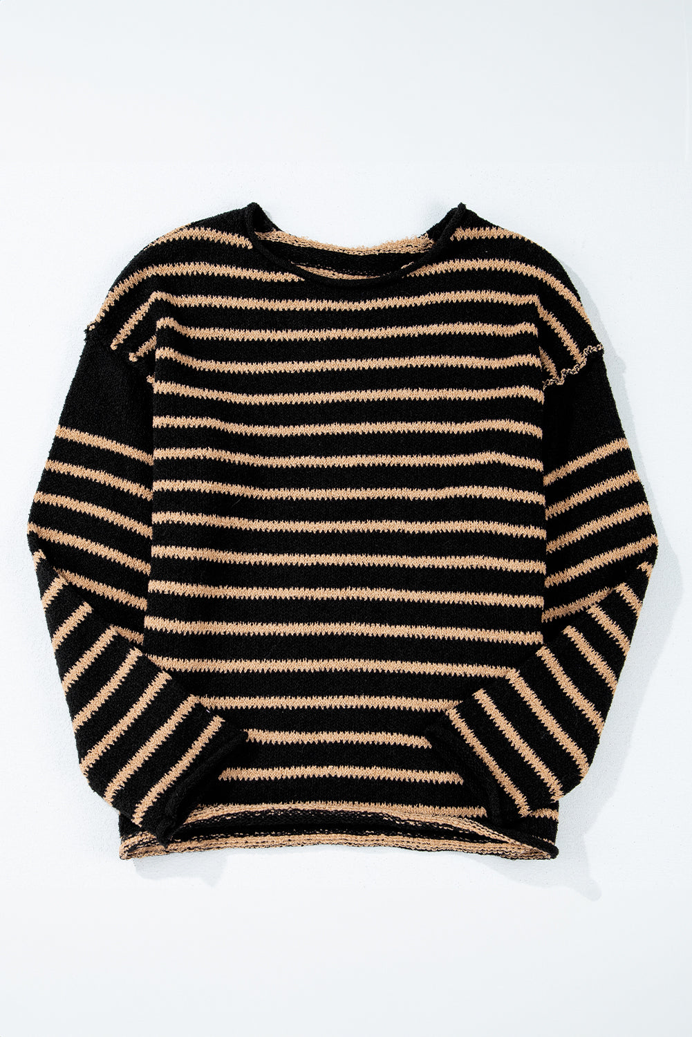 Black Stripe Drop Shoulder Round Neck Loose Sweater Sweaters JT's Designer Fashion