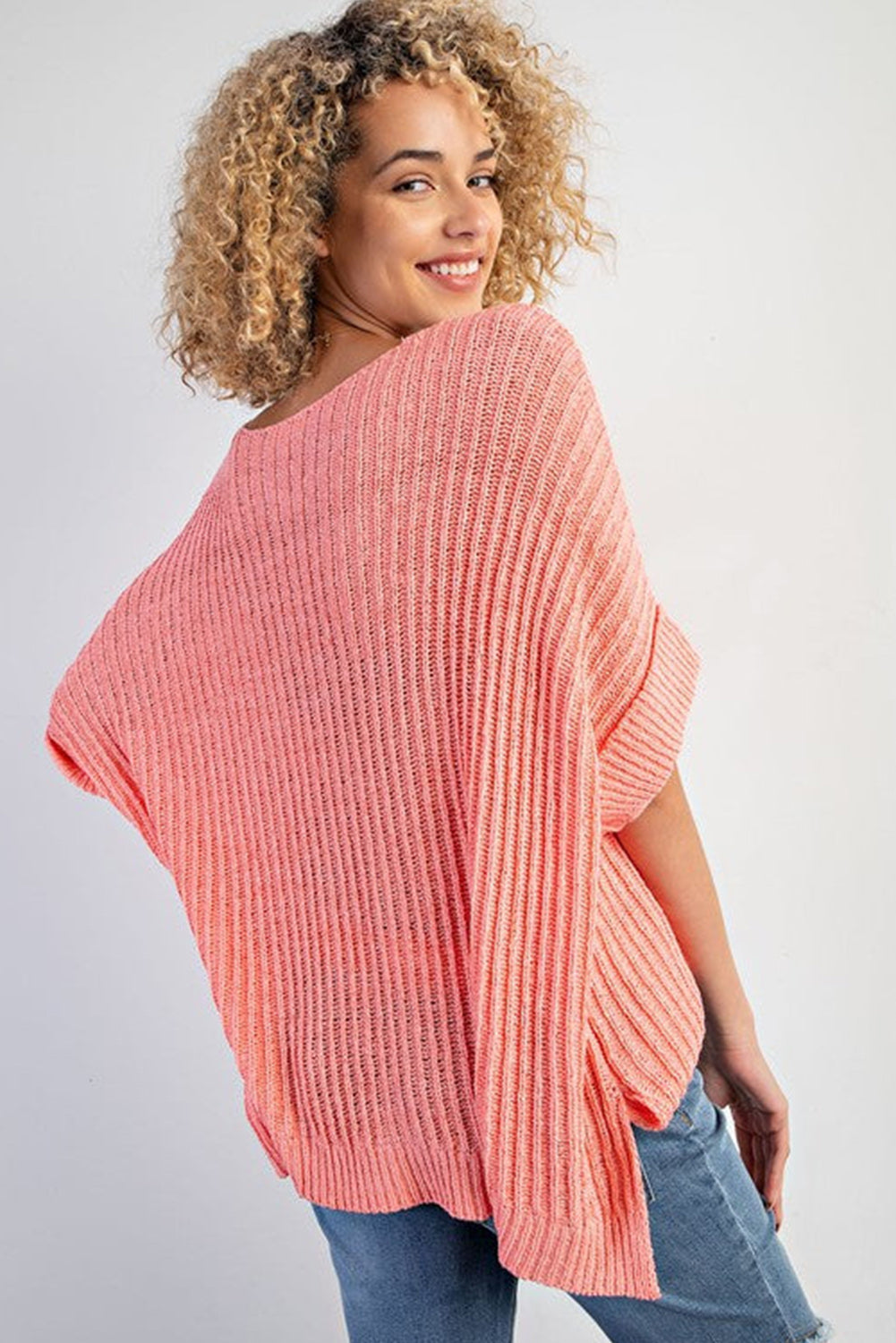 Fresh Salmon Short Sleeve Patched Pocket Split Baggy Knit Top Sweaters & Cardigans JT's Designer Fashion