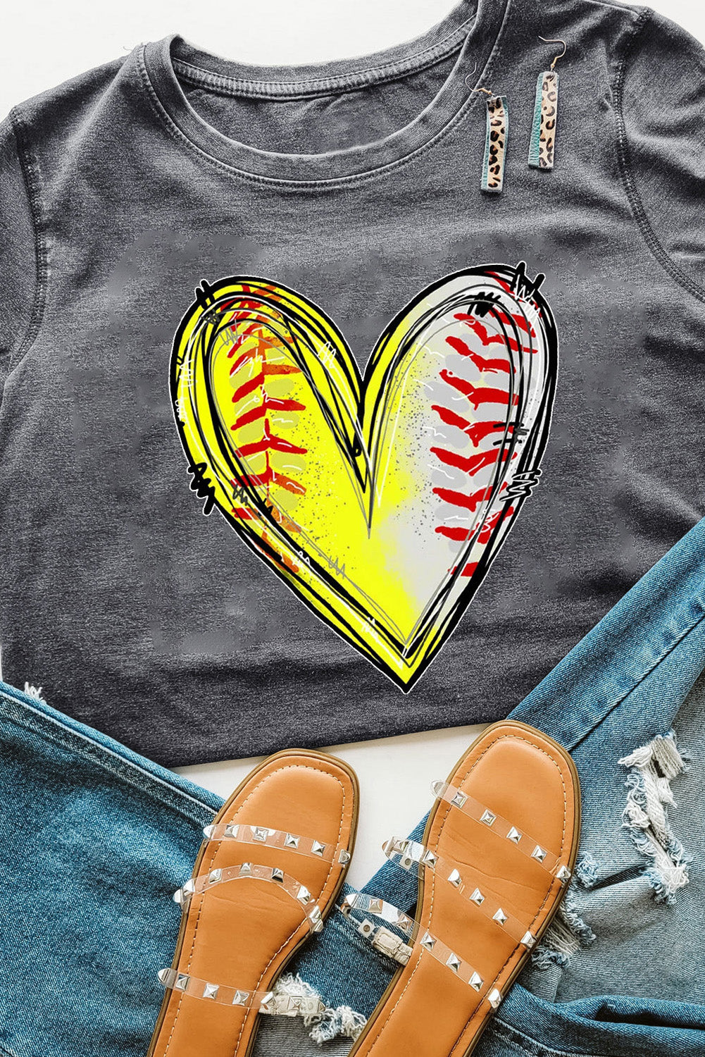 Gray Baseball Heart Shape Print Crew Neck T Shirt Graphic Tees JT's Designer Fashion