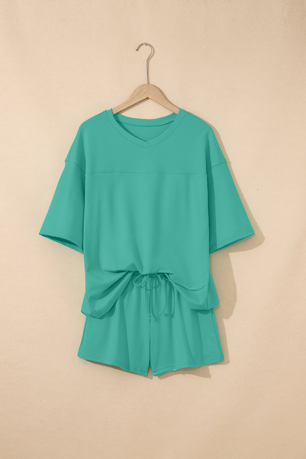 Sea Green Solid Loose V Neck Half Sleeve Tee and Shorts Short Sets JT's Designer Fashion