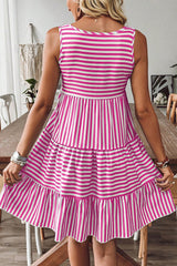 Rose Stripe U Neck Sleeveless Loose Fit Mini Dress Dresses JT's Designer Fashion