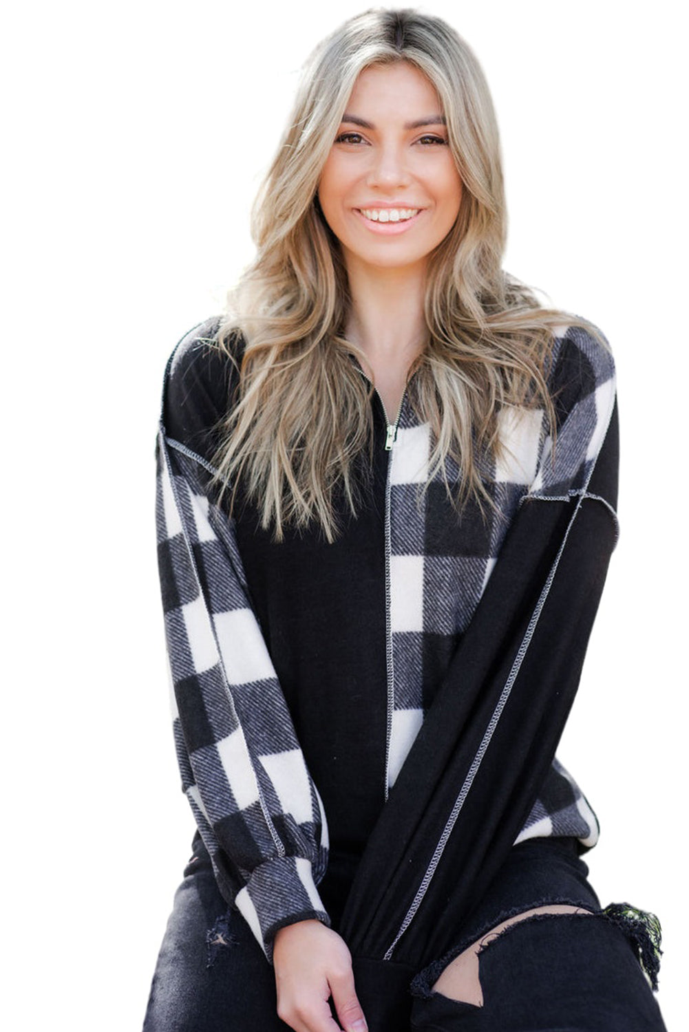 Black Checkboard Patchwork Exposed Stitching Collared Top Long Sleeve Tops JT's Designer Fashion
