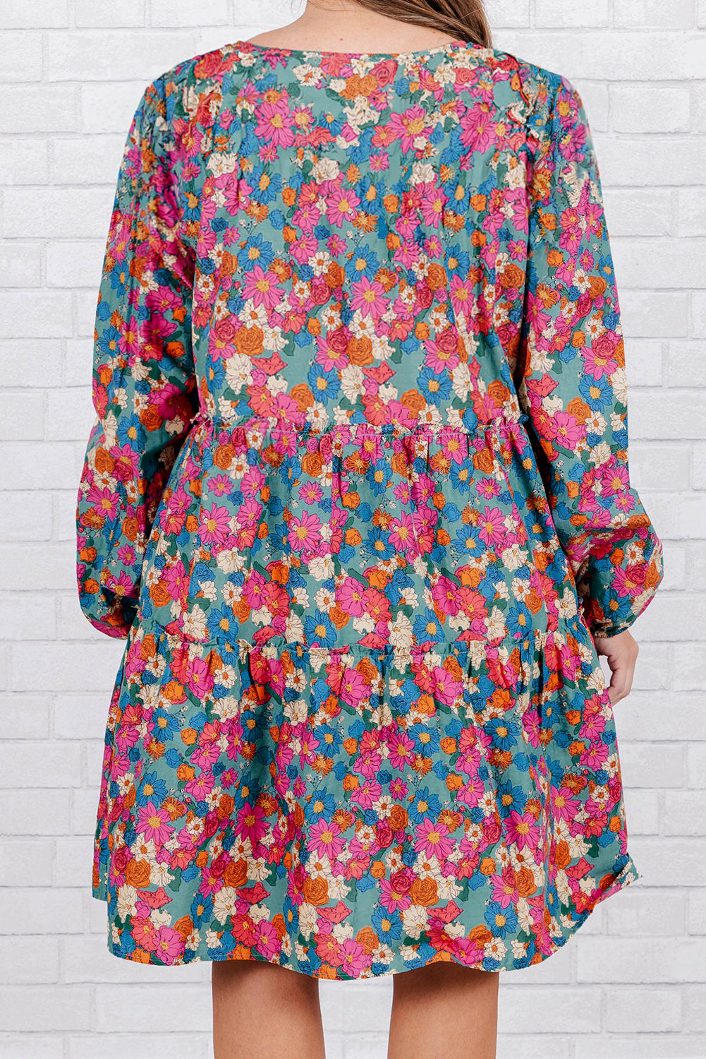 Sky Blue Plus Size Floral Print Shirred Ruffle Tiered Mini Dress Plus Size Mini Dresses JT's Designer Fashion