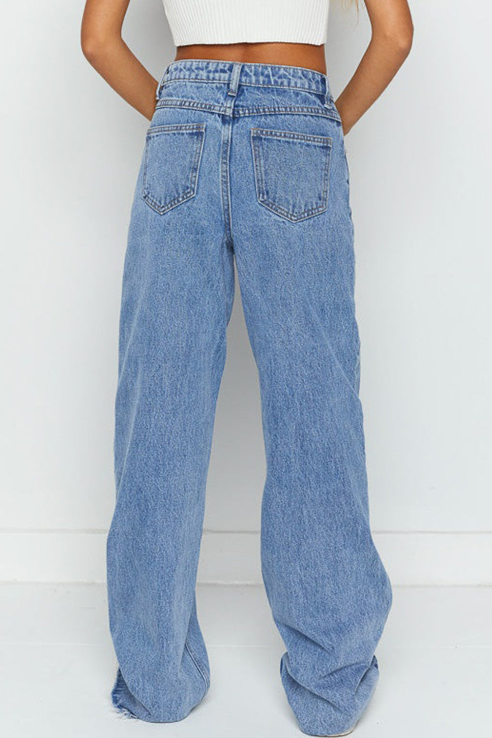 Blue Mid Rise Asymmetrical Waist Wide Leg Jeans Jeans JT's Designer Fashion