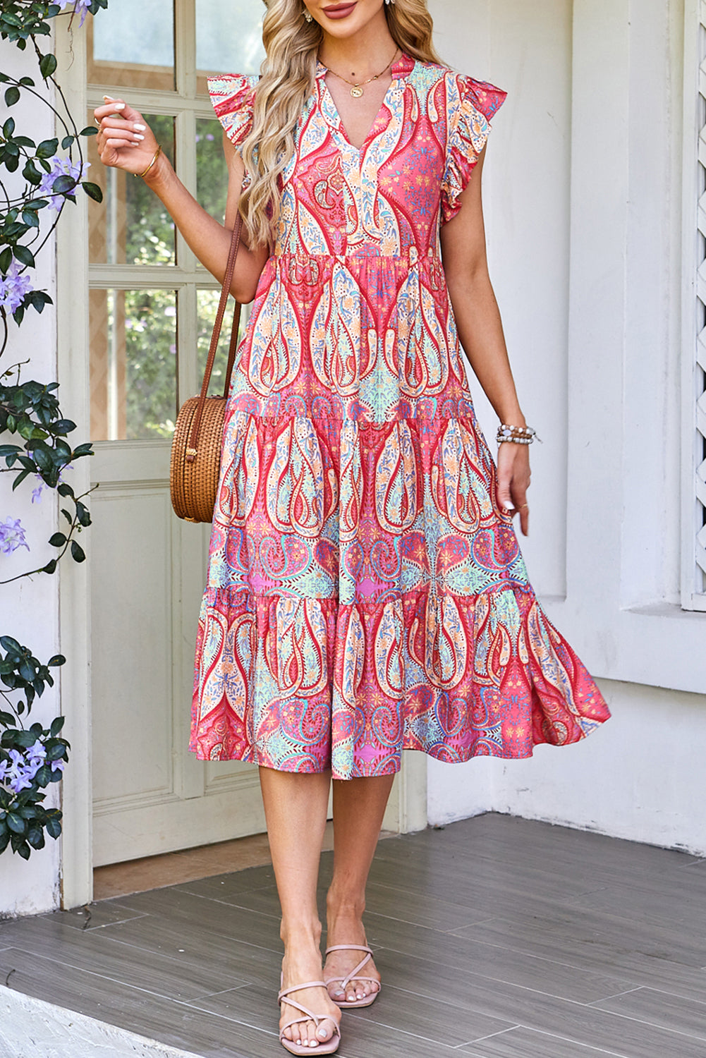 Rose Tribal Paisley Print Ruffled Sleeve Notch Neck Midi Dress Floral Dresses JT's Designer Fashion