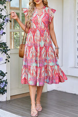 Rose Tribal Paisley Print Ruffled Sleeve Notch Neck Midi Dress Floral Dresses JT's Designer Fashion