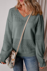 Mist Green Eyelet Pattern Detail V Neck Drop Shoulder Sweater Mist Green 100%Polyester Sweaters JT's Designer Fashion