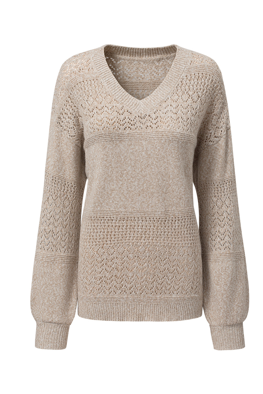 Brown Eyelet Pattern Detail V Neck Drop Shoulder Sweater Sweaters JT's Designer Fashion