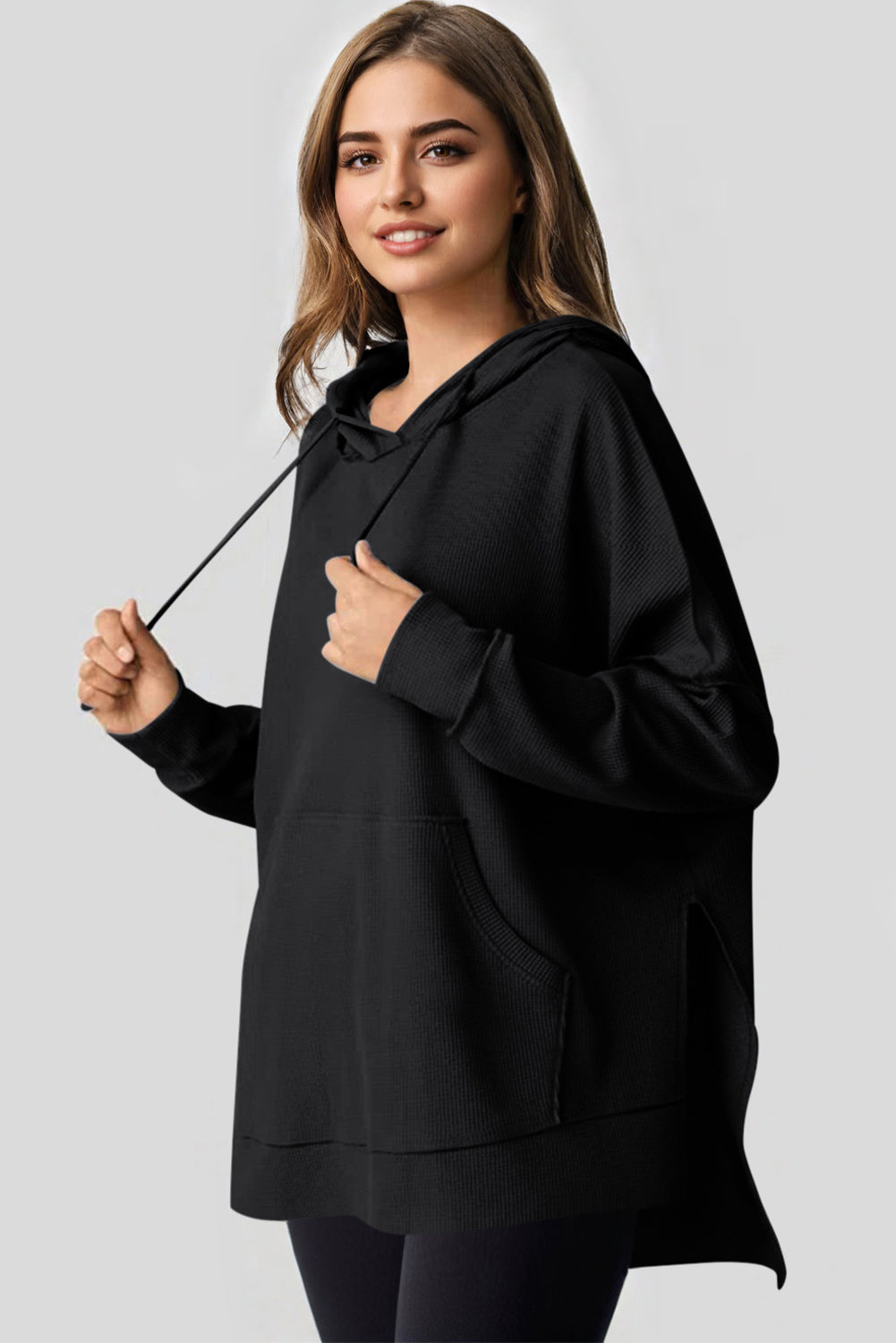 Black Waffle Knit Fleece Lined High Low Oversized Hoodie Sweatshirts & Hoodies JT's Designer Fashion