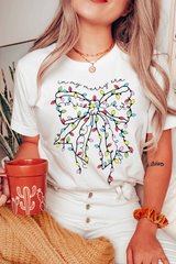 White Colored Light Bowknot Graphic Crewneck T Shirt Graphic Tees JT's Designer Fashion