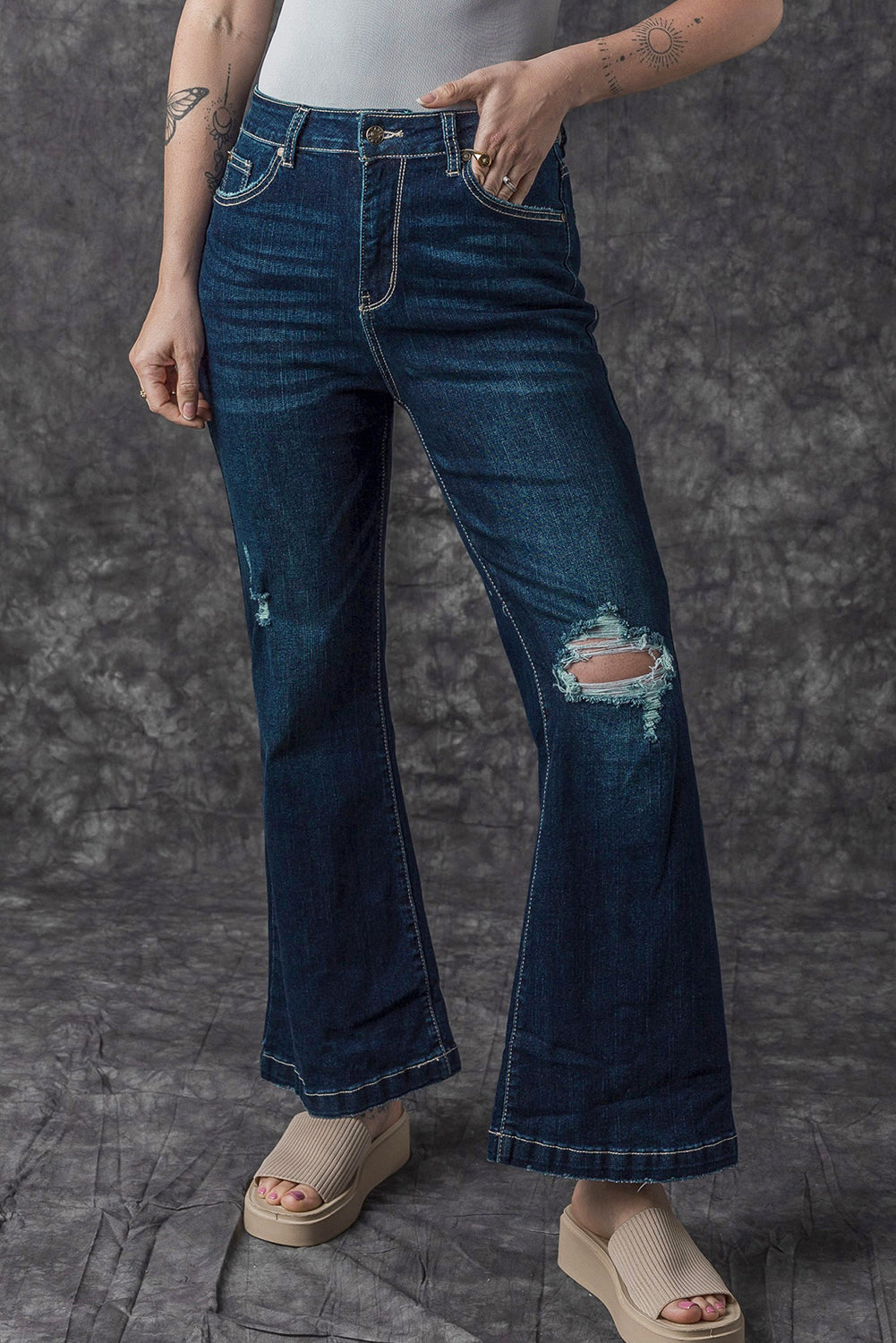 Real Teal High Rise Ripped Bell Bottom Jeans Jeans JT's Designer Fashion