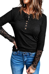 Black Crochet Lace Hem Sleeve Button Top Long Sleeve Tops JT's Designer Fashion