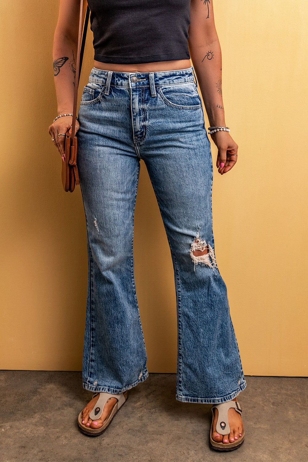 Light Blue Distressed Flare Leg Jeans Bottoms JT's Designer Fashion