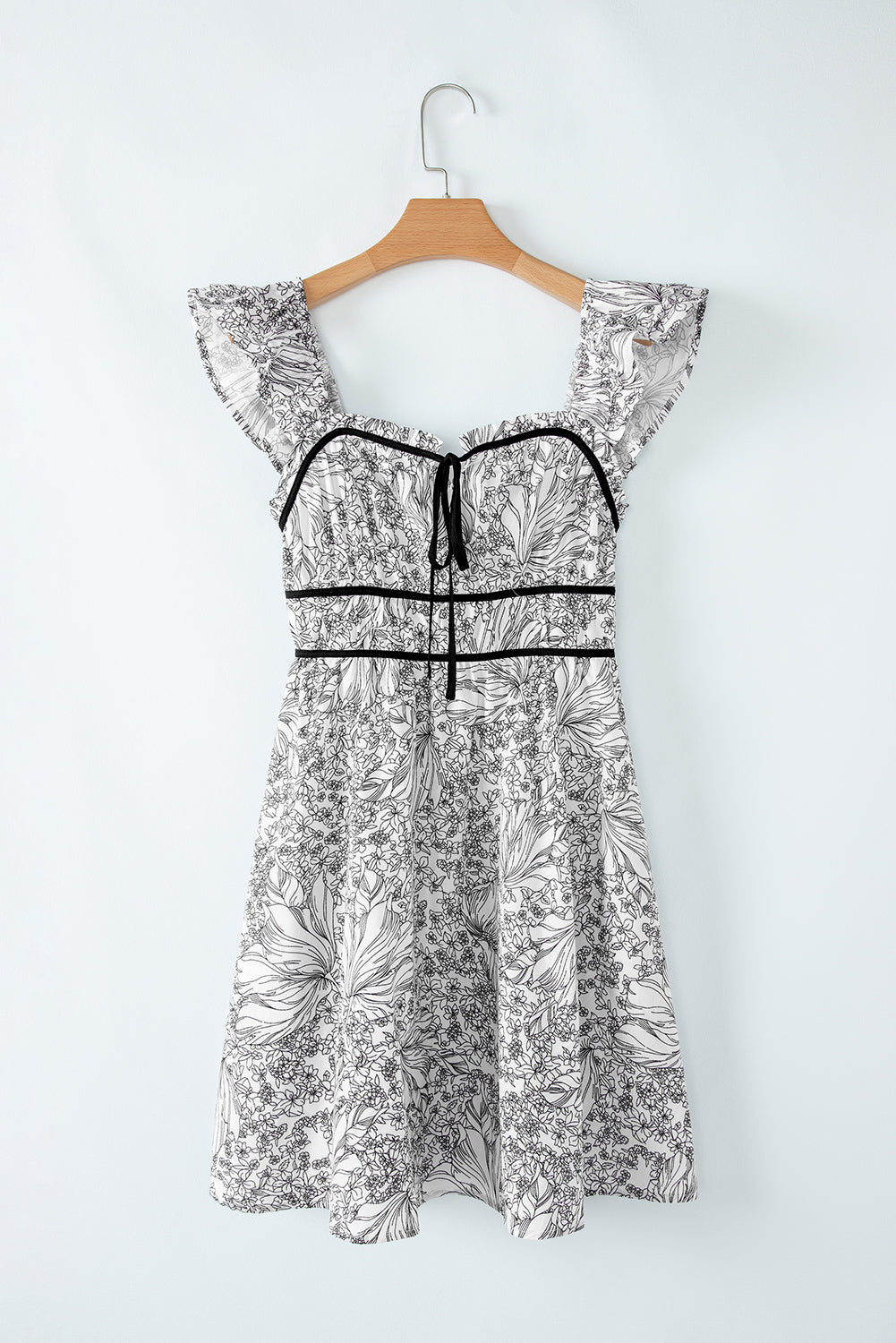 White Floral Print Pipping Trim Flutter Sleeve Mini Dress Floral Dresses JT's Designer Fashion