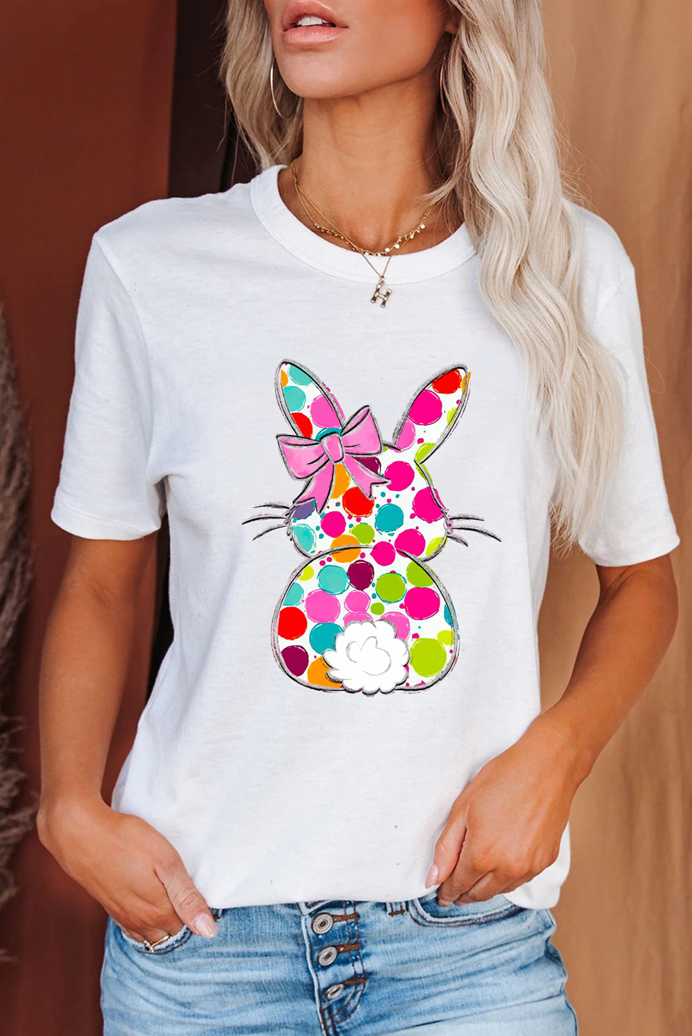 White Polka Dot Bow Rabbit Graphic Crewneck Easter Fashion Tee Graphic Tees JT's Designer Fashion