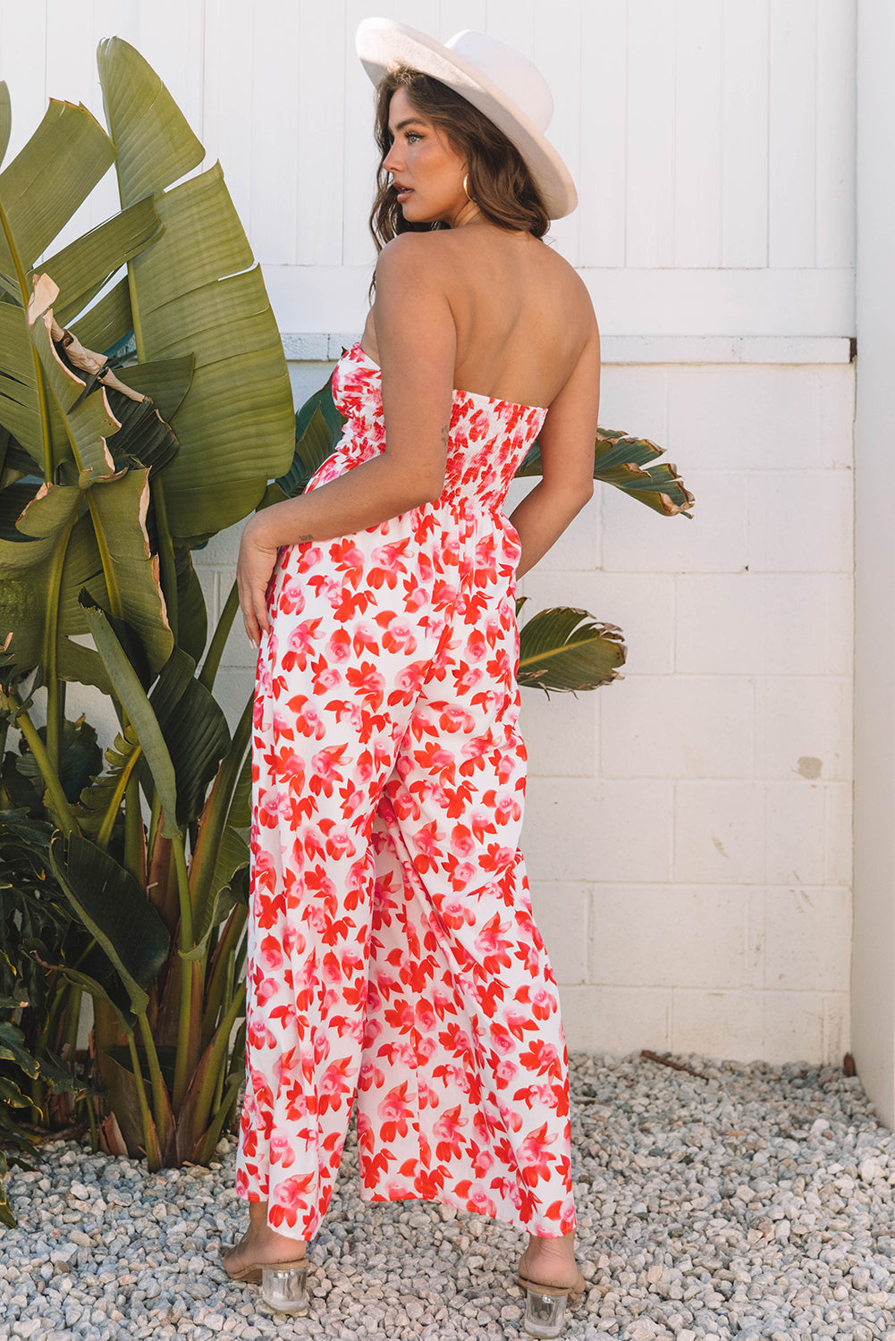 Pink Floral Print Twisted Bandeau Keyhole Pleated Wide Leg Jumpsuit Jumpsuits & Rompers JT's Designer Fashion