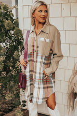 Khaki Plaid Patchwork Long Sleeve Shirt Mini Dress Mini Dresses JT's Designer Fashion
