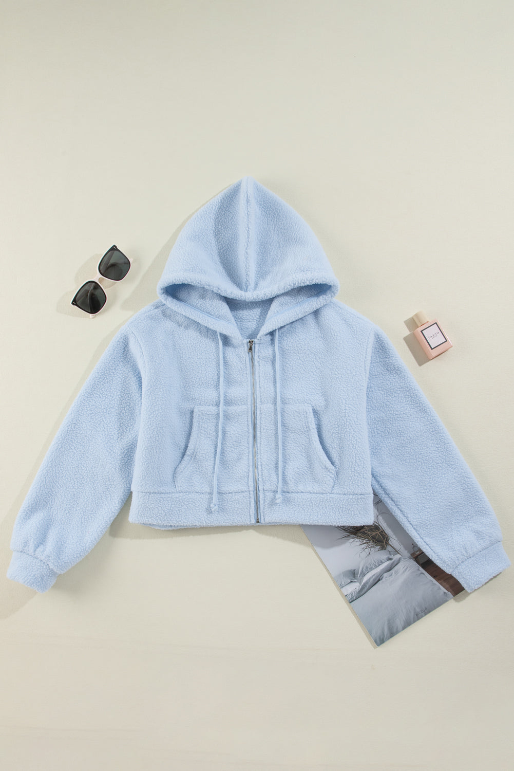 Beau Blue Cropped Sherpa Zip Up Hoodie Sweatshirts & Hoodies JT's Designer Fashion