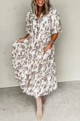 Khaki Floral Puff Sleeve V Neck Buttoned Front Long Dress Maxi Dresses JT's Designer Fashion