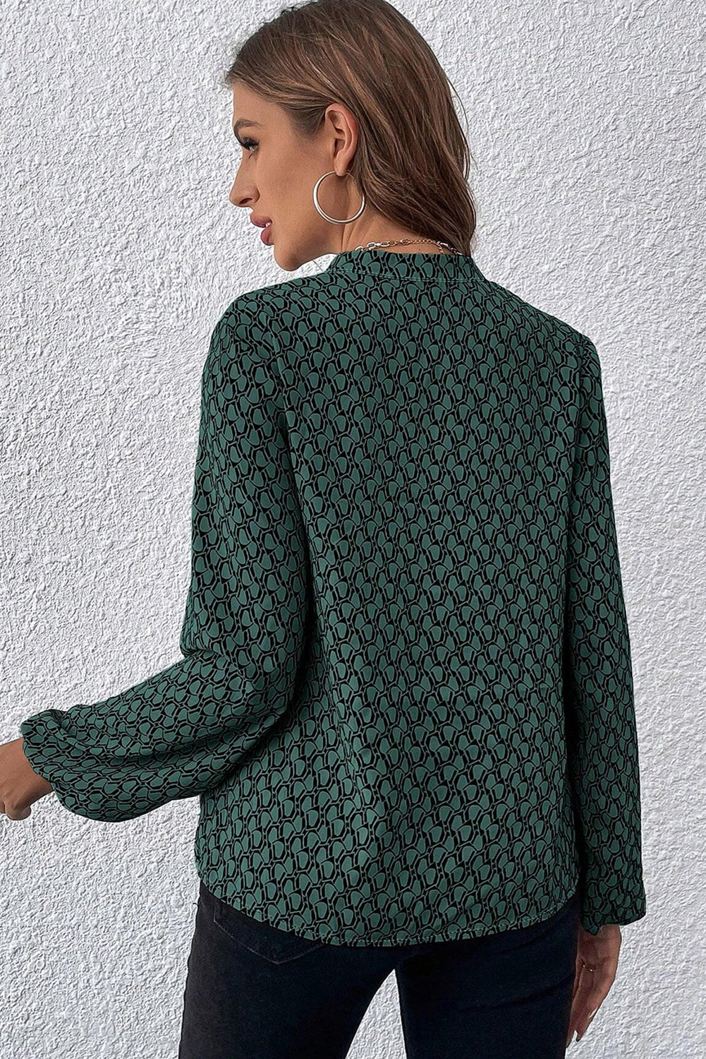 Green Geometric Print Notched Neck Puff Sleeve Blouse Blouses & Shirts JT's Designer Fashion