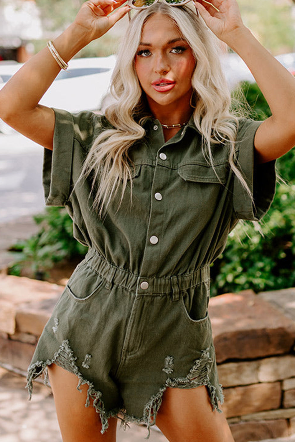 Moss Green Short Sleeve Buttoned Elastic Waist Frayed Denim Romper Bottoms JT's Designer Fashion