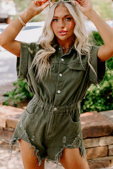 Moss Green Short Sleeve Buttoned Elastic Waist Frayed Denim Romper Bottoms JT's Designer Fashion