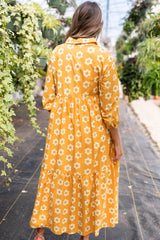 Yellow Flower Print Bracelet Sleeve Buttons Collared Long Dress Maxi Dresses JT's Designer Fashion