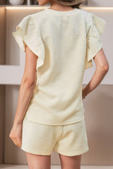 Apricot Textured Ruffled Sleeve Tee and Drawstring Shorts Set Bottoms JT's Designer Fashion