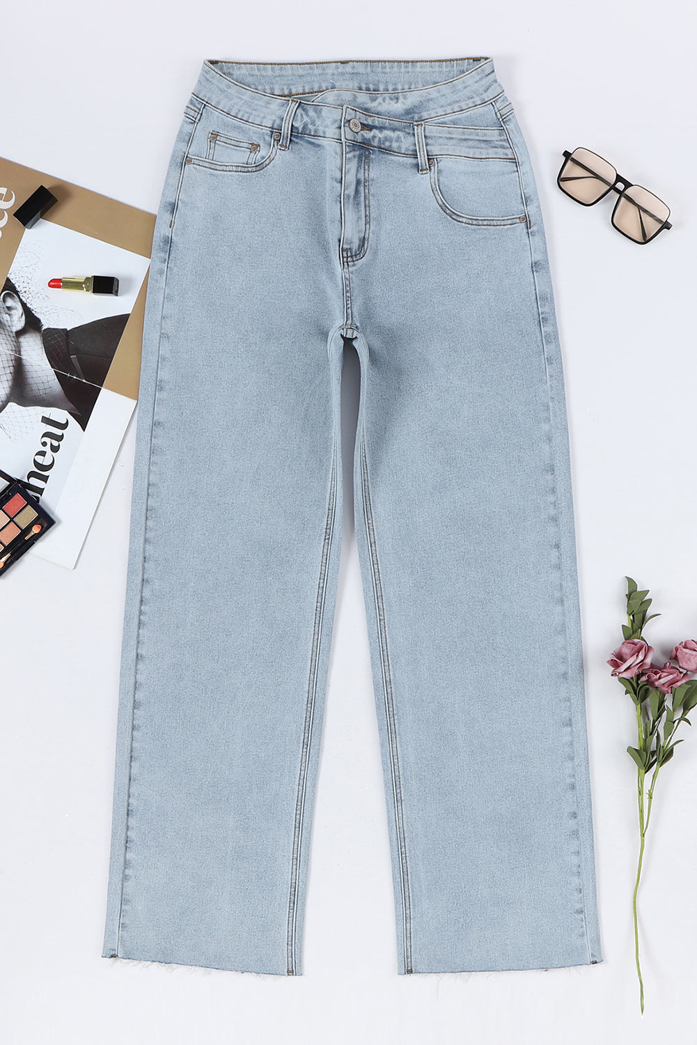 Sky Blue Mid Rise Asymmetrical Waist Wide Leg Jeans Jeans JT's Designer Fashion