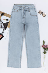 Sky Blue Mid Rise Asymmetrical Waist Wide Leg Jeans Jeans JT's Designer Fashion