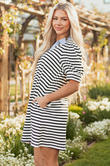 Black Stripe Contrast V Neck Collared Puff Sleeve T Shirt Mini Dress with Pockets T Shirt Dresses JT's Designer Fashion