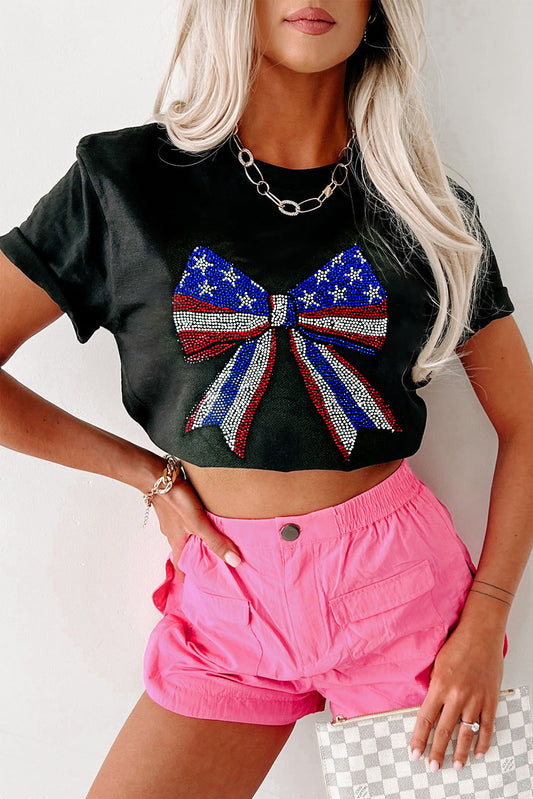 Black Rhinestone Stars and Stripes Bow Graphic Independence Day T Shirt Graphic Tees JT's Designer Fashion