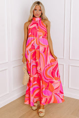 Rose Abstract Printed High Neck Knotted Nape Sleeveless Long Dress Maxi Dresses JT's Designer Fashion