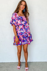 Purple Flower Print Short Puff Sleeve Ruffled Dress Floral Dresses JT's Designer Fashion