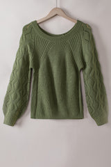 Green Hollow-out Puffy Sleeve Knit Sweater Sweaters JT's Designer Fashion