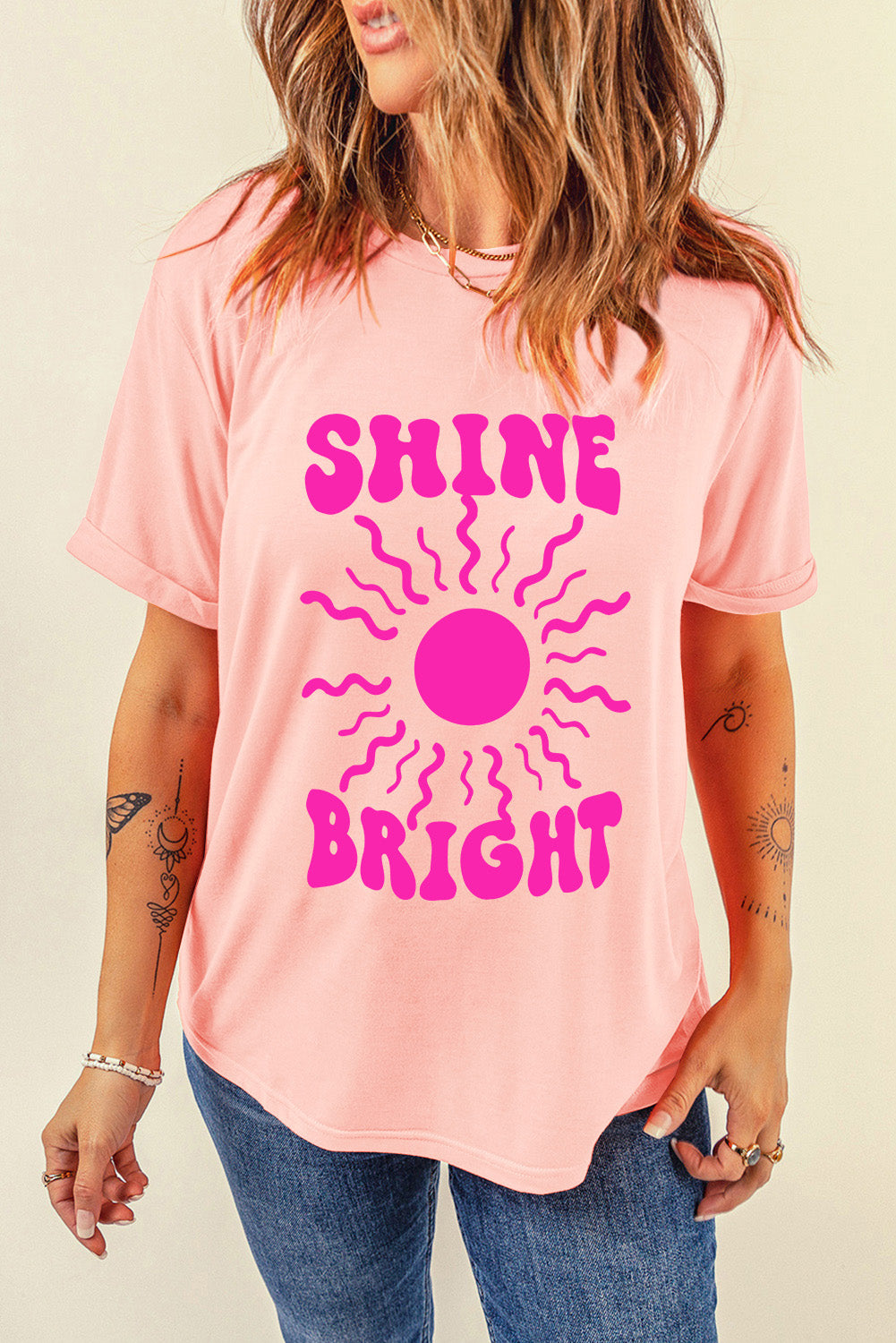 Pink SHINE BRIGHT Graphic Casual Tee Graphic Tees JT's Designer Fashion
