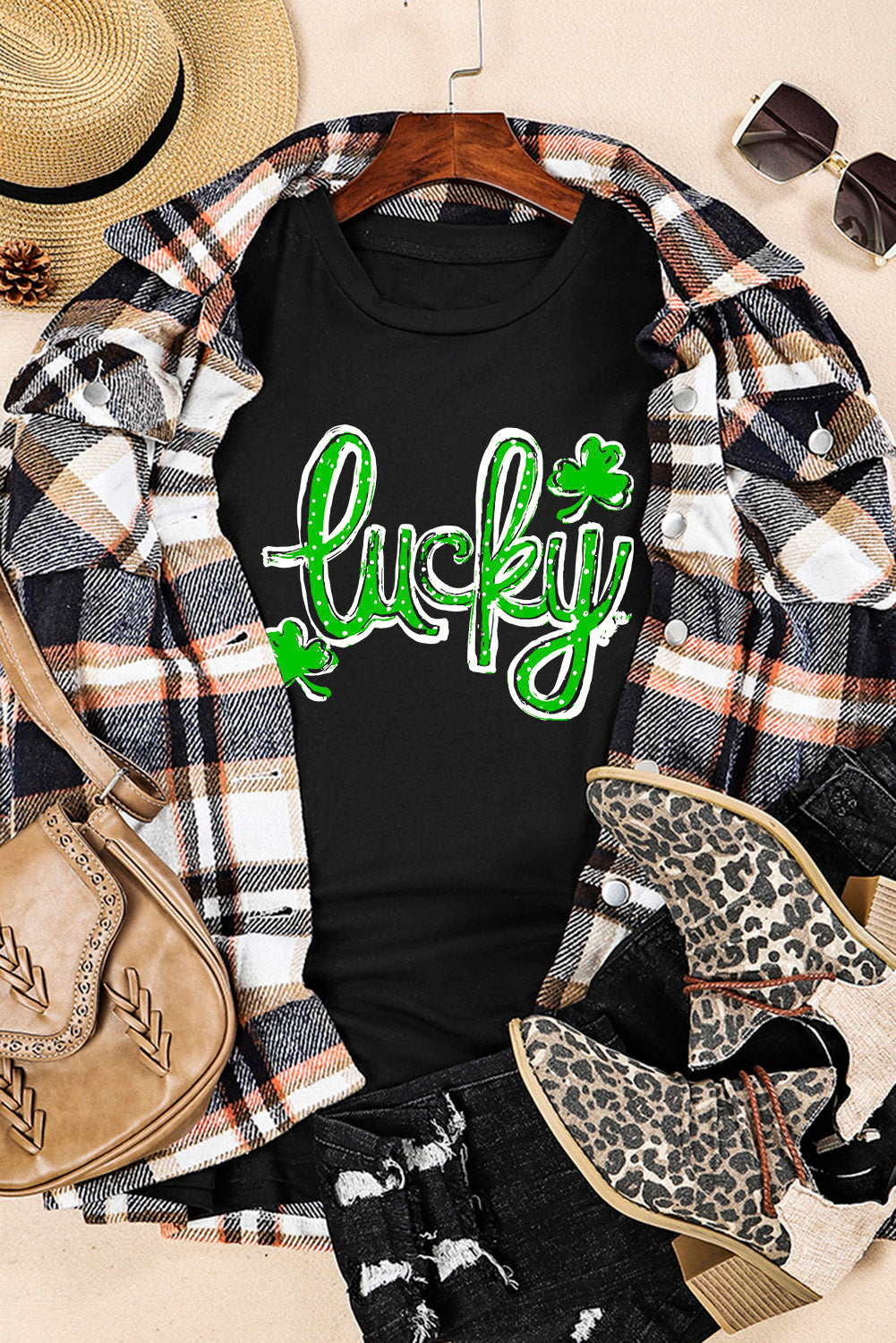 Black St. Patricks Lucky Clover Print O Neck T Shirt Graphic Tees JT's Designer Fashion