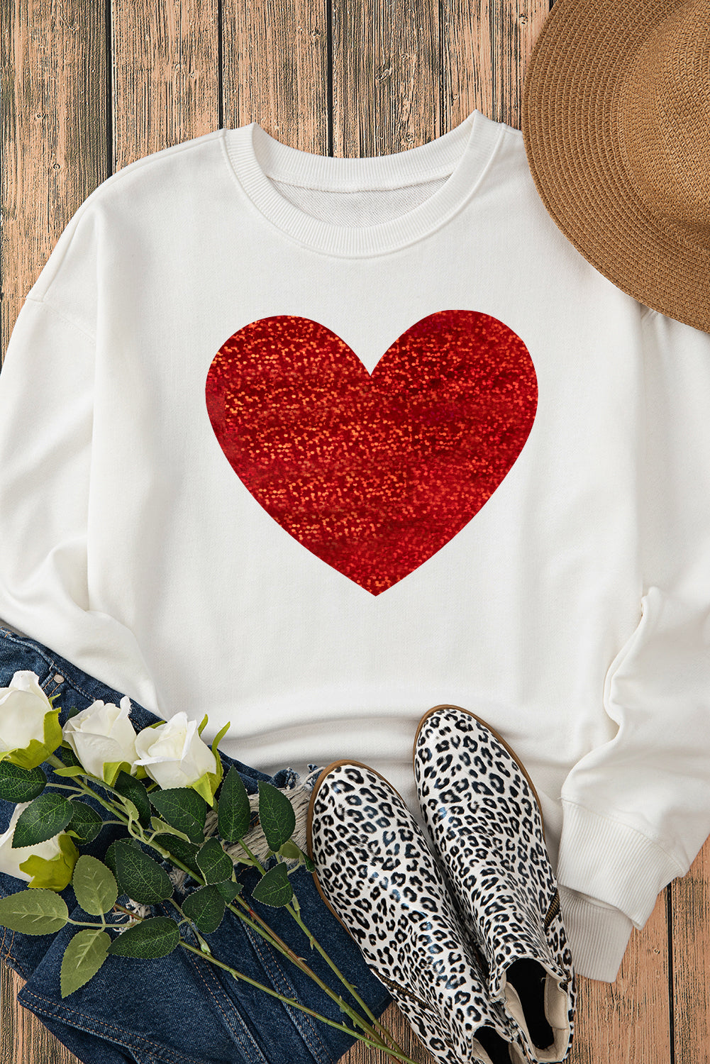 Beige Glitter Valentine Heart Shape Graphic Sweatshirt Graphic Sweatshirts JT's Designer Fashion