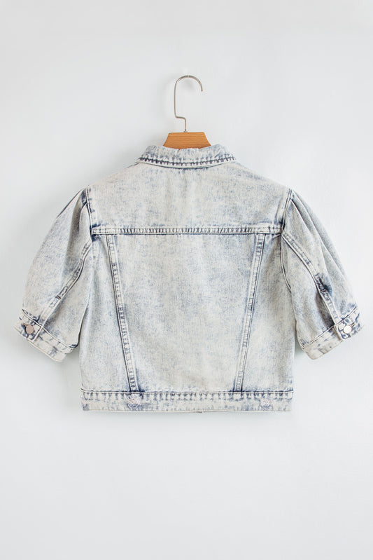 Beau Blue Light Wash Buttoned Chest Pocket Puff Sleeve Denim Jacket Denim Jackets JT's Designer Fashion